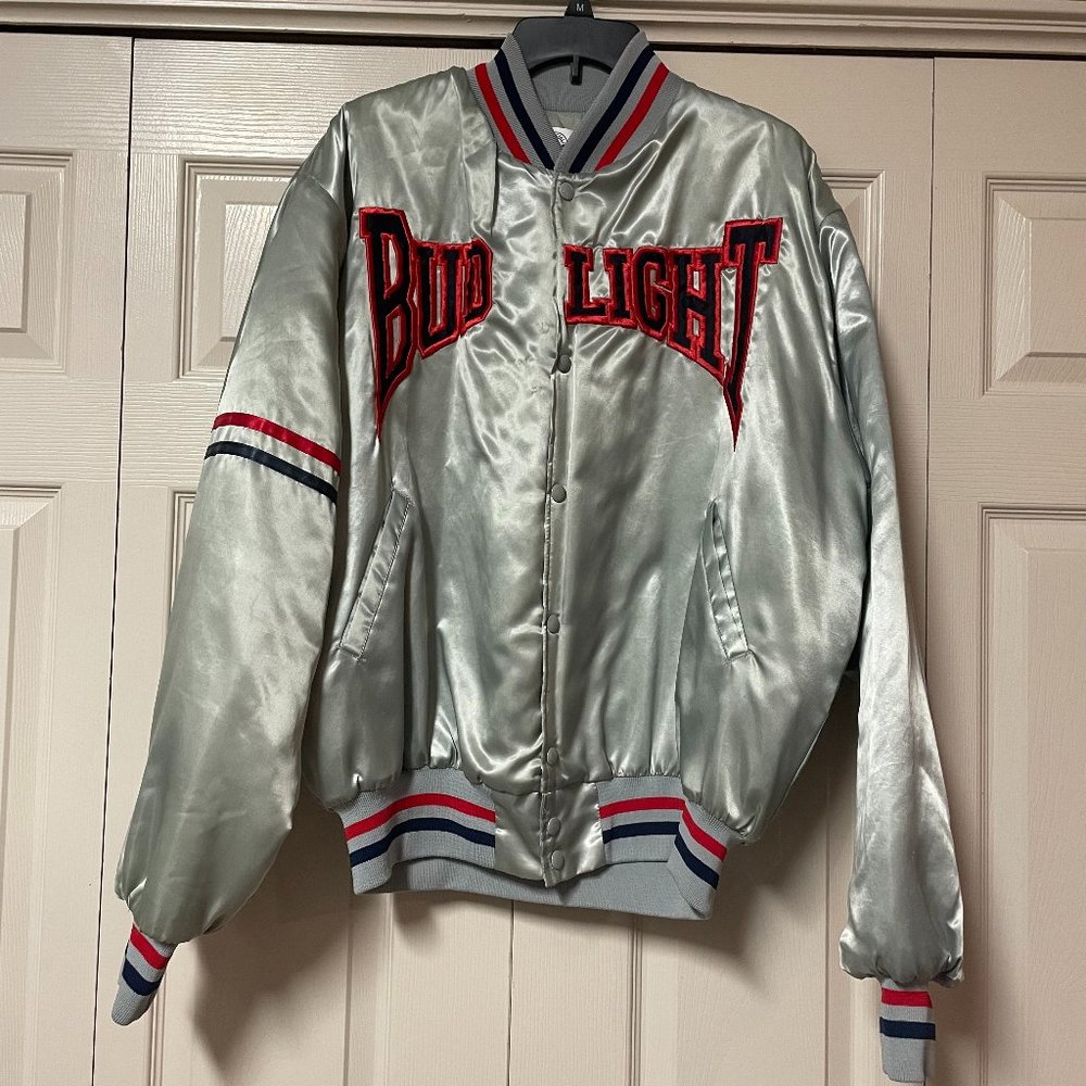 Bud Light Machines silver satin bomber truck driver jacket quilted vintage Sz XL